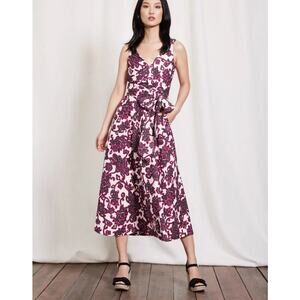 Boden Linen Blend Midi Dress Size 8P Pink Floral Belted A-Line
